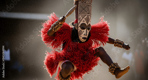 African Mask Festival, Dogon dancer wearing a tall Kanaga mask and vibrant red raffia costume