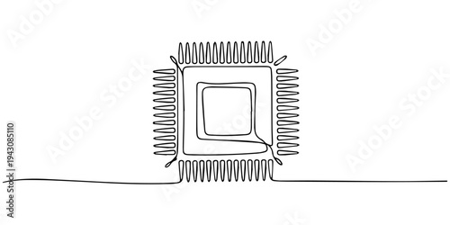 Microchip in Linear Art: A minimalist illustration of a microchip, rendered in a single, continuous line, representing the core of modern technology, innovation, and digital advancement.