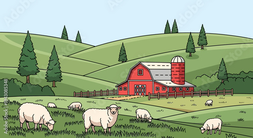 Cartoon scene of sheep grazing near a red barn on a sunny hillside