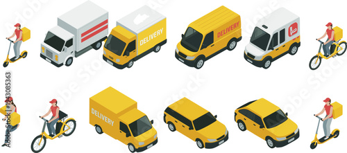 Delivery vehicles set, courier transportation collection, logistics fleet illustration, scooter, bicycle, van, truck, car, parcel delivery service, urban shipping concept
