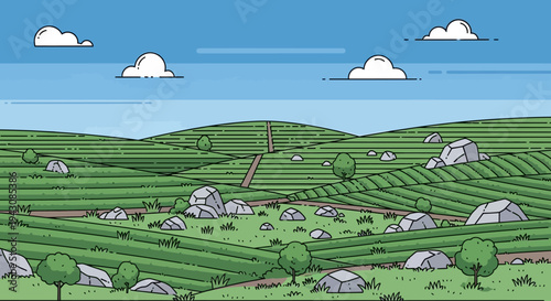 Cartoon landscape illustration with fields road clouds and trees under blue sky