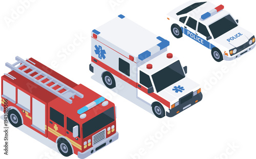 Emergency response vehicles illustration, ambulance police car fire truck, public safety transport, rescue service fleet, isometric emergency vehicles set