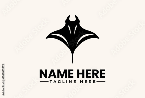 A minimalist logo design featuring a stylized manta ray silhouette with a placeholder name and tagline on a clean white background, ideal for a business or brand identity.