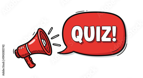 A vibrant illustration featuring a red megaphone with a speech bubble emphasizing the word 'QUIZ' in a playful style