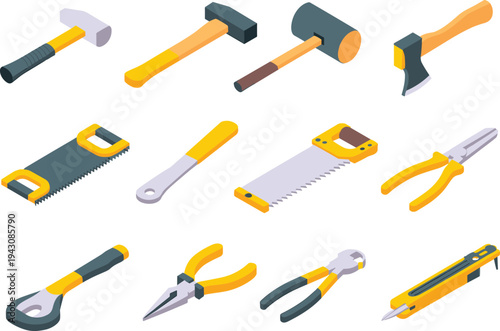 Hand tools collection illustration, hammer, axe, saw, pliers, cutter, wrench, construction equipment, carpentry toolkit, DIY repair tools set