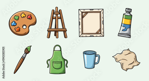 A collection of artistic tools and supplies including a palette, easel, canvas, and paint tube in a colorful, playful style