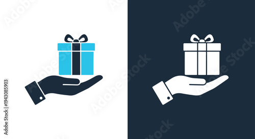 Gift Box Icon Set - Hands Holding Present Illustration Flat Design Minimal Vector - Line and glyph solid icon and logo template