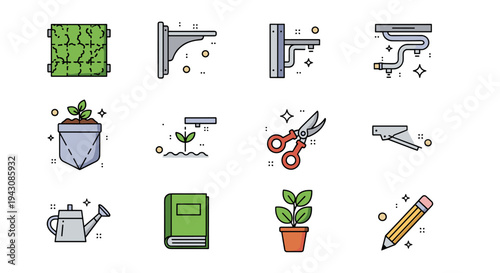 A collection of gardening icons featuring plants, tools, and accessories in a modern, flat design style