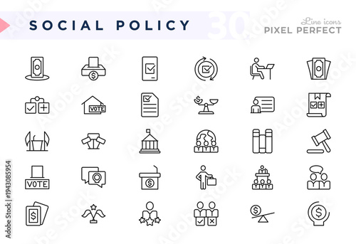 Social policy line icon set. Diplomacy, politics, corruption, showing vote, ballot, campaign, government, policy-related, civil rights thin icons collection