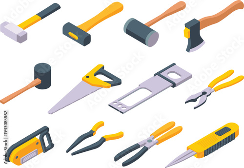 Isometric construction hand tools set, hammer, axe, saw, pliers, screwdriver, chainsaw, mallet, woodworking and carpentry equipment vector illustration