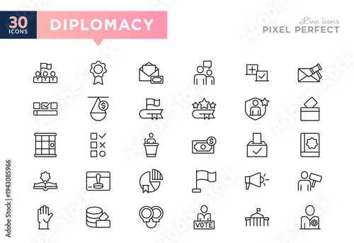 Diplomacy line icon set. Politics, ballot, campaign, government, policy-related, civil rights line icon set. UI thin line icon pack