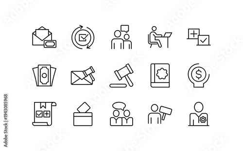 Politics line icon set. Diplomacy, politics, corruption, showing vote, ballot icons