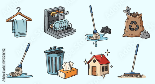 A collection of cleaning tools and equipment illustrated in a playful, modern style, ideal for home maintenance themes