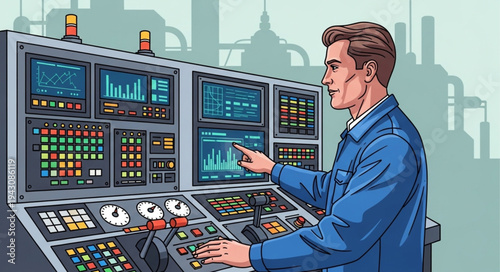 Male Control Room Operator Monitoring.