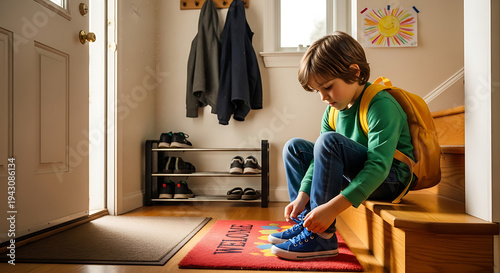 A child tying shoelaces while getting ready for school near the front door.