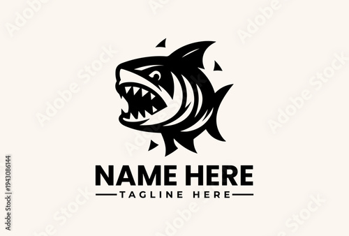 A black and white vector illustration of a shark logo with sharp teeth and triangular shapes on a beige background, featuring placeholder text for a name and tagline in a modern design