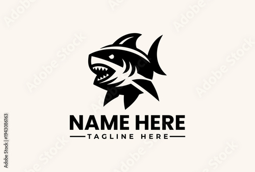 A black and white vector illustration of a shark logo with sharp teeth and fins, accompanied by placeholder text for a name and tagline on a clean background.