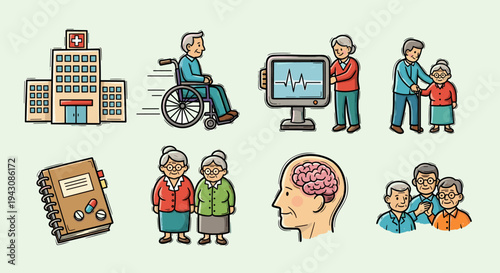 A collection of healthcare-related illustrations featuring a hospital, medical professionals, and patients in various scenarios, in a modern flat style