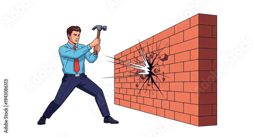 Man Breaking Brick Wall with Hammer.