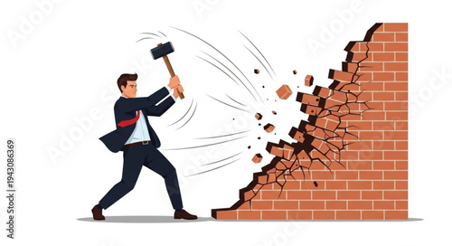 Man Breaking Brick Wall with Hammer.