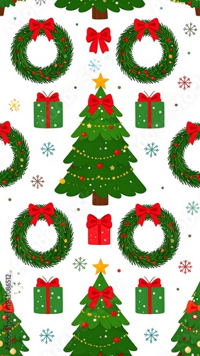 Holiday pattern trees, wreaths, gifts, snowflakes on white backdrop, festive arrangement