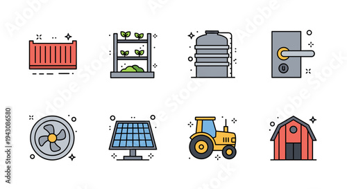 A collection of farm-related icons featuring a greenhouse, tractor, barn, and more in a flat design style