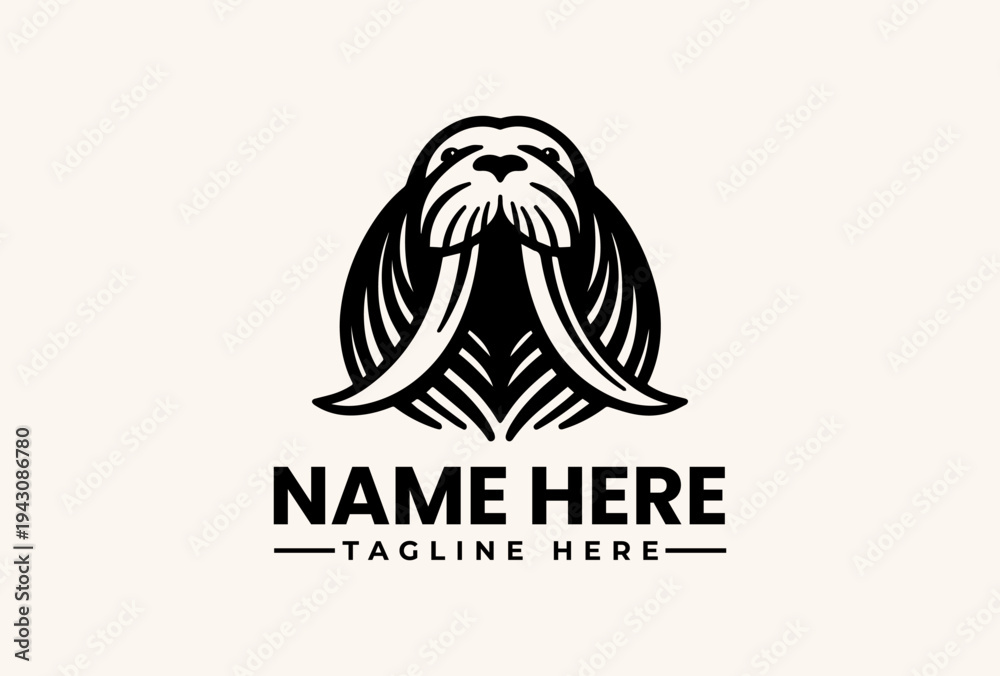 Fototapeta premium A black and white illustration of a walrus head logo with a customizable name and tagline on a plain beige background, featuring a vector-style design.
