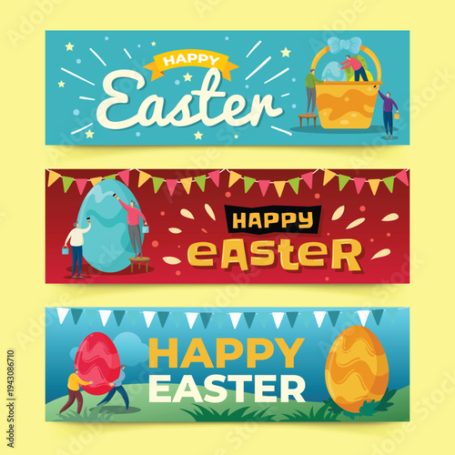 Colorful easter banners with eggs rabbits and cheerful holiday greetings