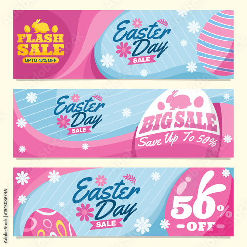 Colorful easter day sale banners with rabbits and decorated eggs
