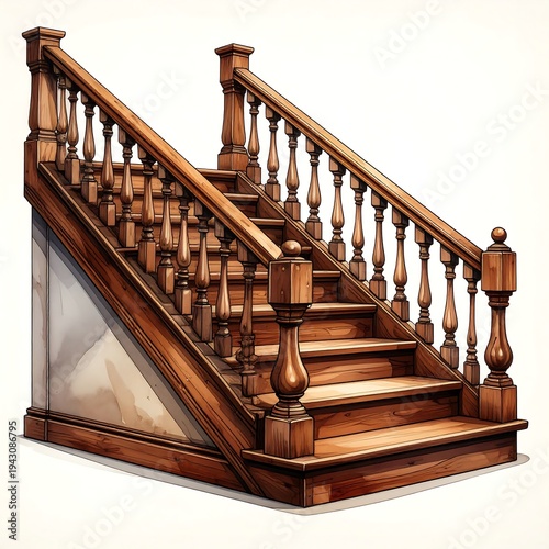 Ornate, wood staircase with detailed banisters, solid newel posts, against pale wall