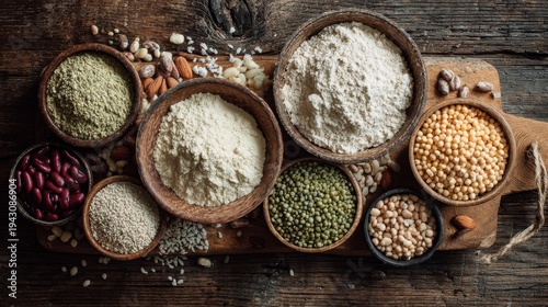 Wooden tray with a variety of different types of beans, nuts, and other grains. The tray is filled with a mix of different colors and textures, creating a visually appealing and diverse display