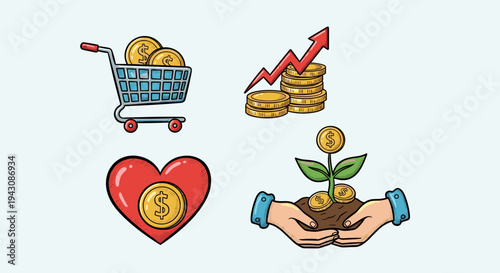 A colorful collection of icons featuring a shopping cart, coins, a heart, and hands nurturing a plant, in a modern flat style