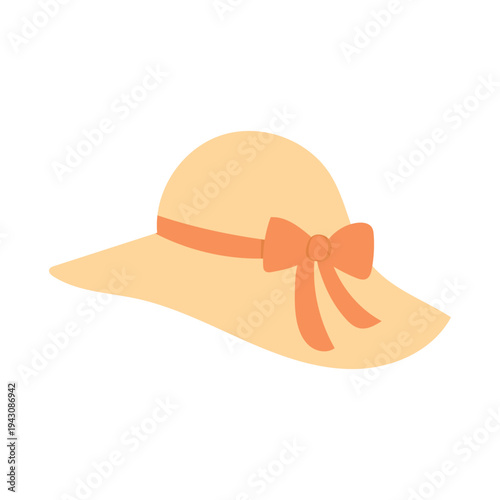 Wide brim straw sunhat with ribbon bow, minimalist summer fashion accessory illustration perfect for beach vacation graphics, travel blog design, seaside lifestyle content and sunny holiday themes.