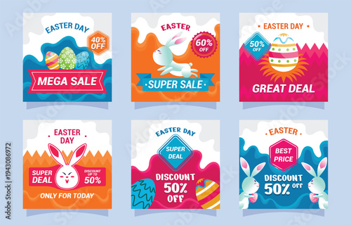 Colorful easter sale promotions with rabbits eggs and discount offers