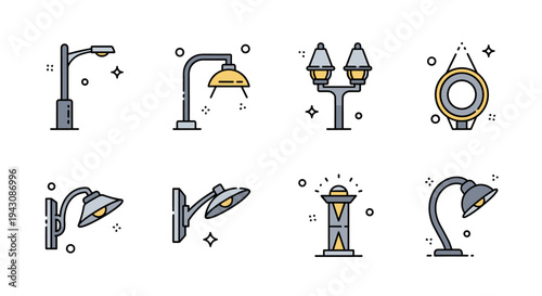 A collection of stylish line icons depicting various street and indoor lamps in a modern flat design