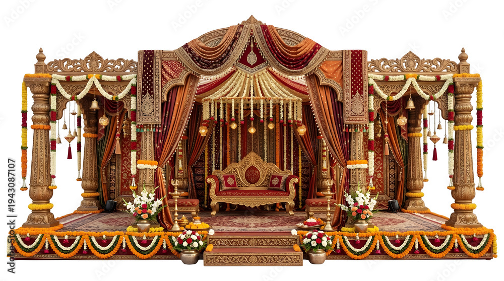 Fototapeta premium Grand Traditional Hindu Wedding Stage with Ornate Gold Pillars
