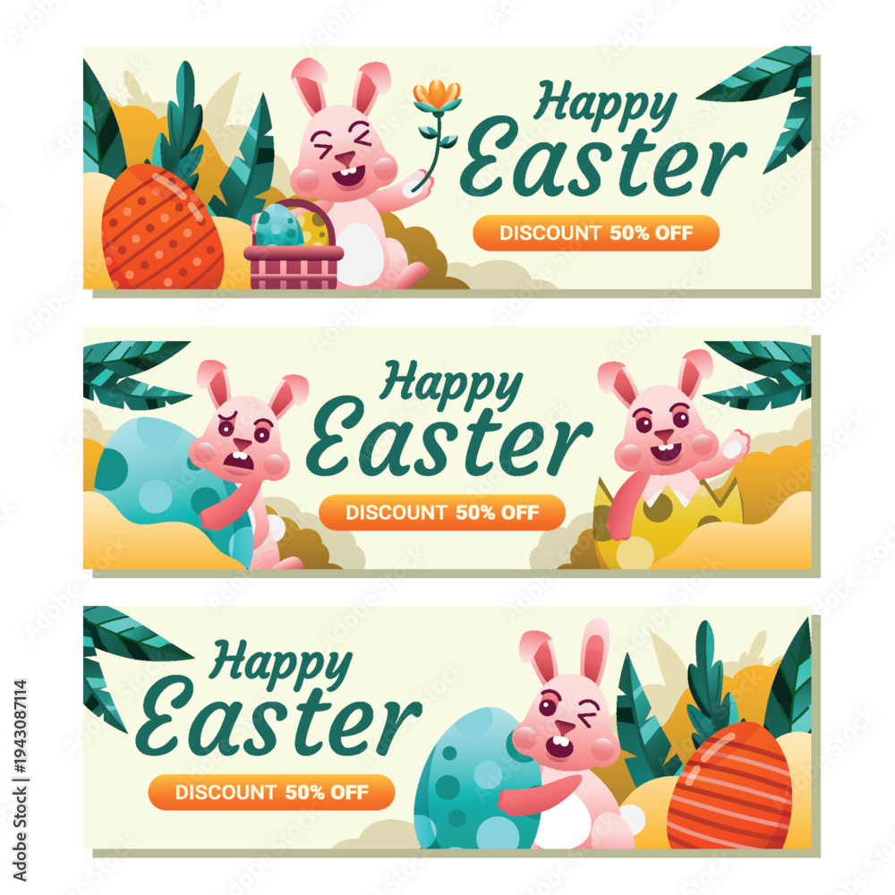 Fototapeta premium Happy easter sale banner with cute rabbits and colorful eggs
