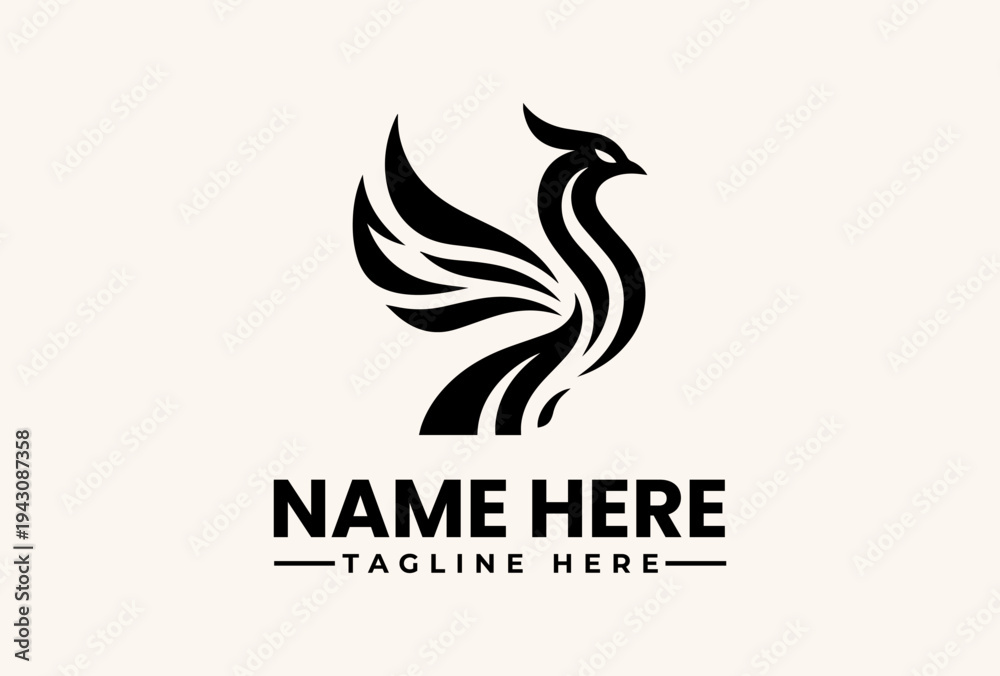 Fototapeta premium A stylized black swan logo with abstract wings and a placeholder text on a beige background, featuring a vector illustration of a bird icon.
