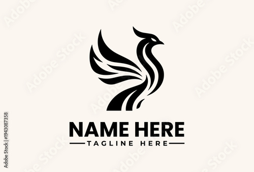 Free Download A stylized black swan logo with abstract wings and a placeholder text on a beige background, featuring a vector illustration of a bird icon. - GFXLoad
