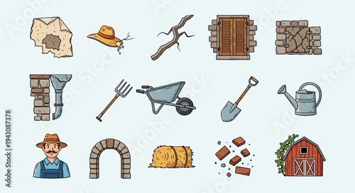 A collection of farm-themed icons featuring tools, structures, and elements in a colorful, flat design style