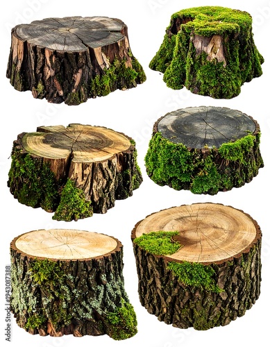 Assortment of six tree stumps, some with moss growth, cut logs, isolated