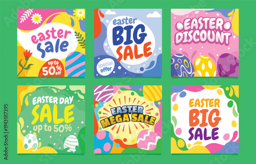 Colorful easter sale promotions and discount advertisements in a grid layout