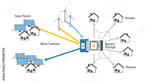 renewable energy system with solar panels and wind turbines