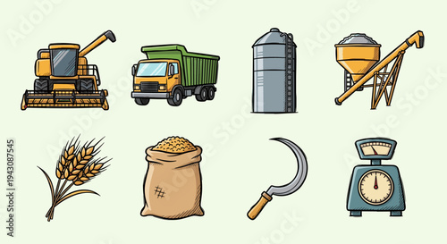 A vibrant collection of agricultural icons featuring machinery, crops, and tools in a colorful, cartoon style