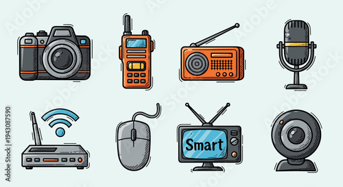 A collection of hand-drawn digital devices including a camera, microphone, and smart TV in a colorful, playful style