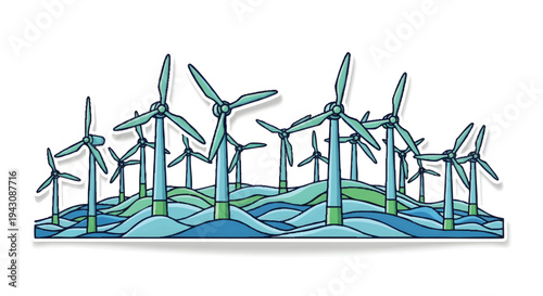 Wind turbines generating renewable energy on green hills