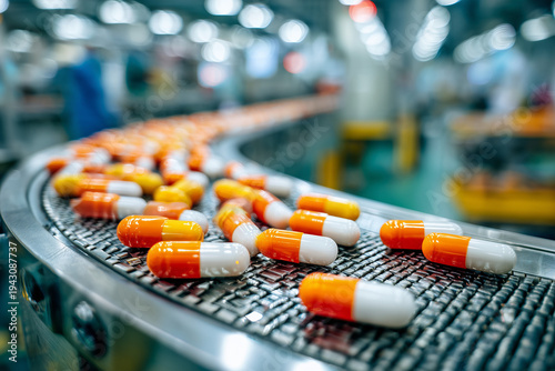 Orange and White Capsules on Production Line in Drug Manufacturing Facility
