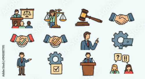 A collection of legal-themed icons featuring scales of justice, gavel, handshake, and courtroom scenes in a flat style