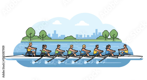 rowing team in action on city river
