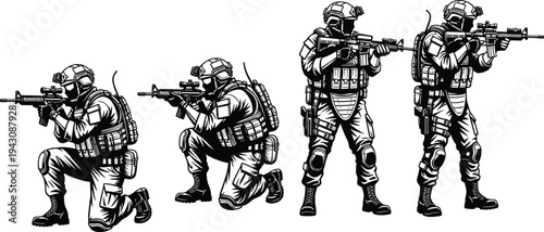 Black and white silhouette vector set of tactical special forces soldiers in kneeling and standing aiming poses with rifles and gear.